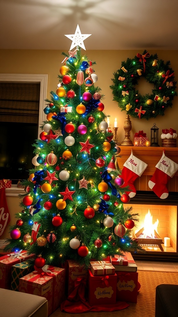 A decorated Christmas tree in a cozy living room with a fireplace and festive decorations.